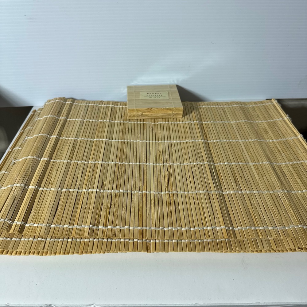 Natural Bamboo Placemats Set of 8 and Matching Coasters Set of 12 Tan Wood Boho